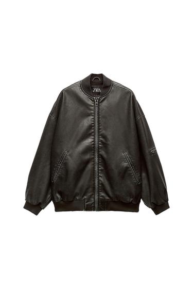 OVERSIZE DISTRESSED LEATHER EFFECT BOMBER JACKET