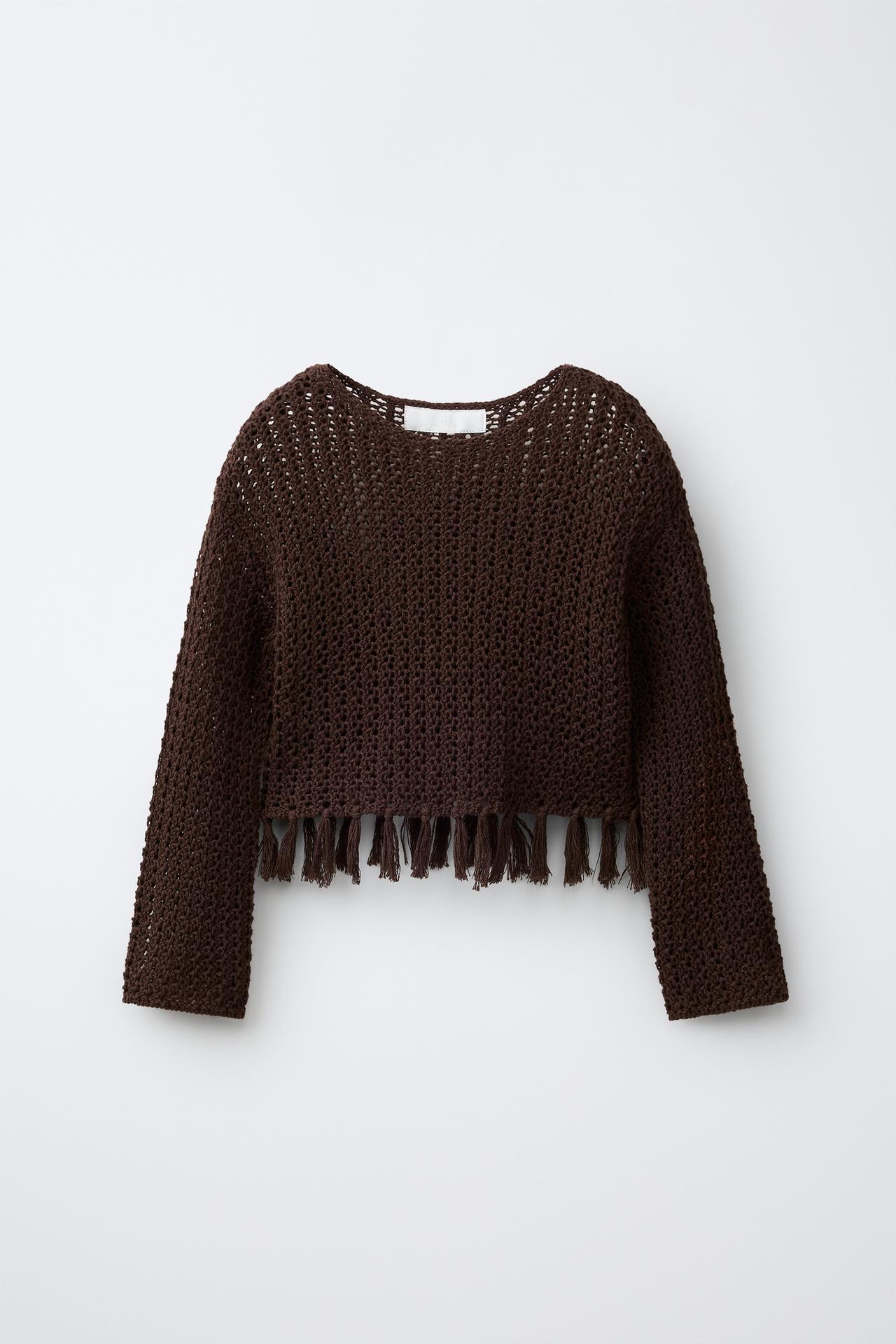 FRINGED KNIT JUMPER — Brown