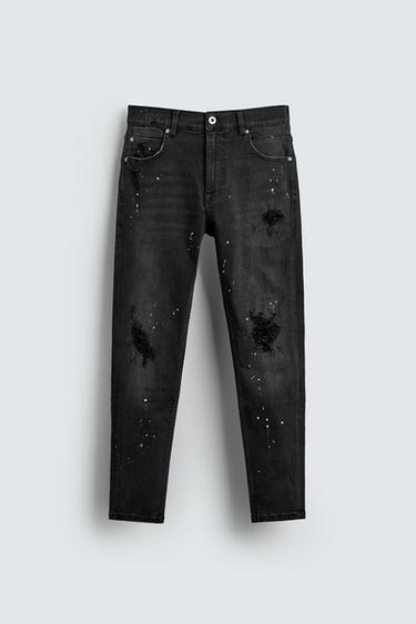 Zara RIPPED SKINNY FIT JEANS - Charcoal