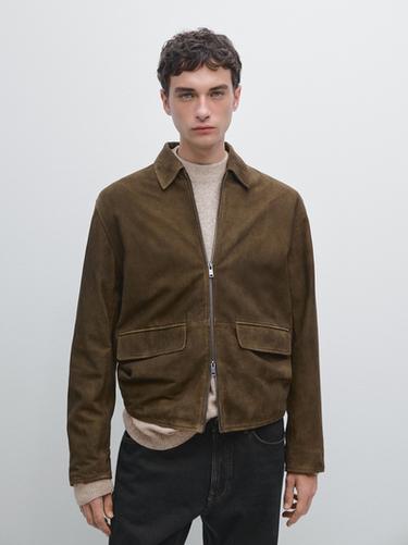 Zara Napped suede jacket with faded detail - Dark brown