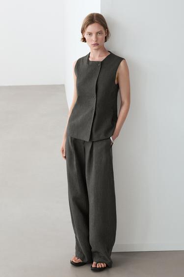 Zara Melange linen double-breasted waistcoat with buttons - Green / Blue