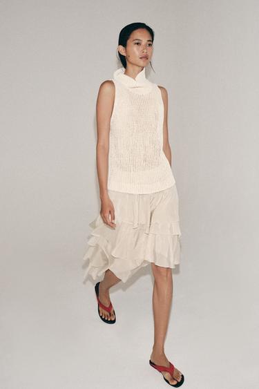 Zara HIGH COLLAR KNIT TOP - Light ecru
