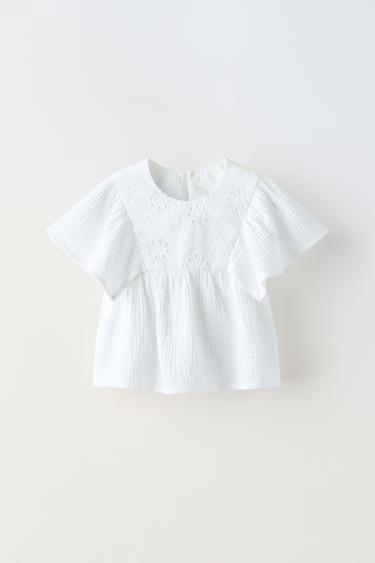 РУБАШКА ИЗ РЕЛЬЕФНОЙ ТКАНИ С ЦВЕТОЧНОЙ ВЫШИВКОЙ — БЕЛЫЙ от Zara — изображение 0