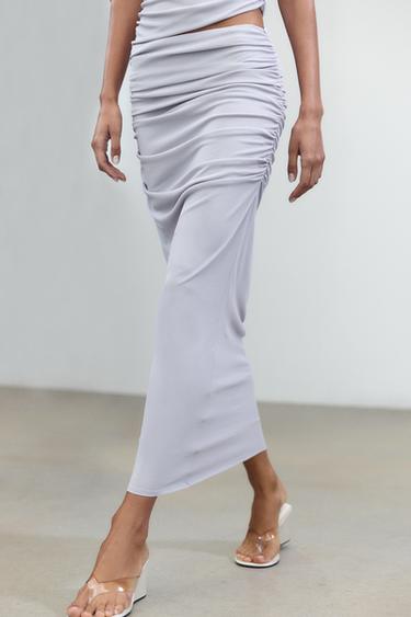Zara LINEN SKIRT WITH RUCHING - Blue / Gray