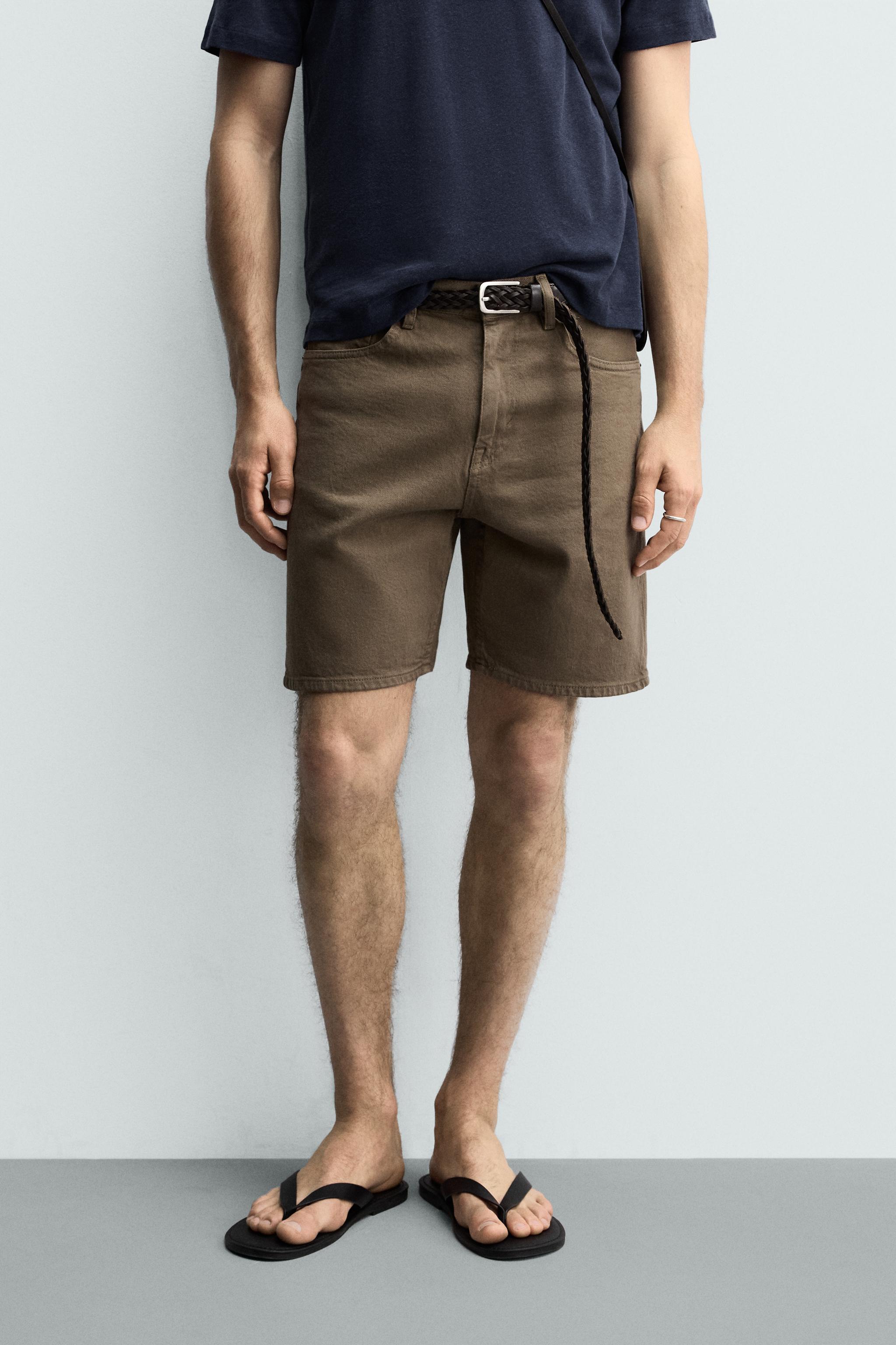 REGULAR FIT DENIM SHORTS — Brown