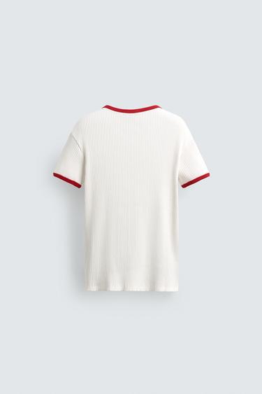 RIBBED T-SHIRT WITH CONTRAST PRINT - White by Zara - Image 7