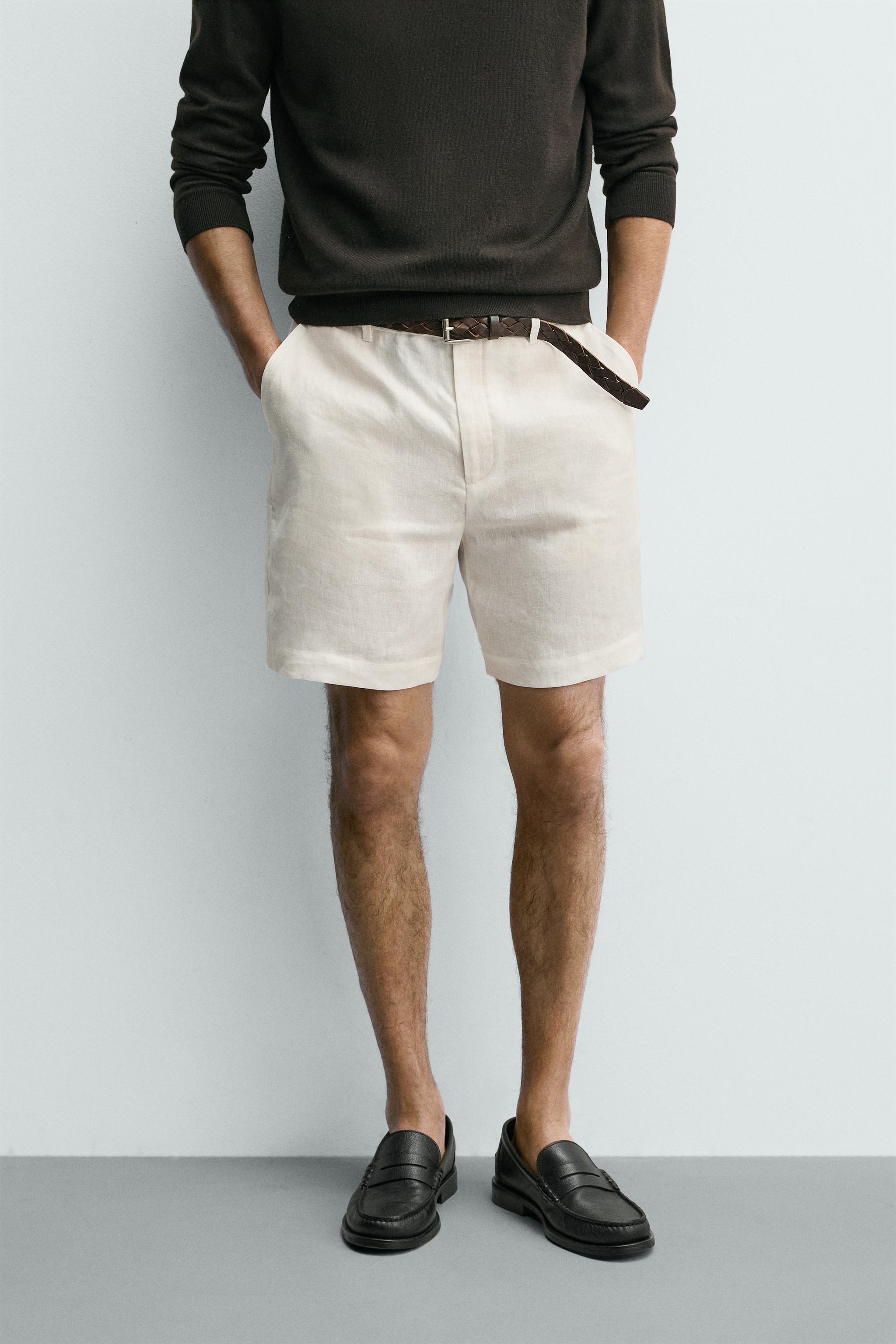 100% LINEN REGULAR FIT SHORTS — White