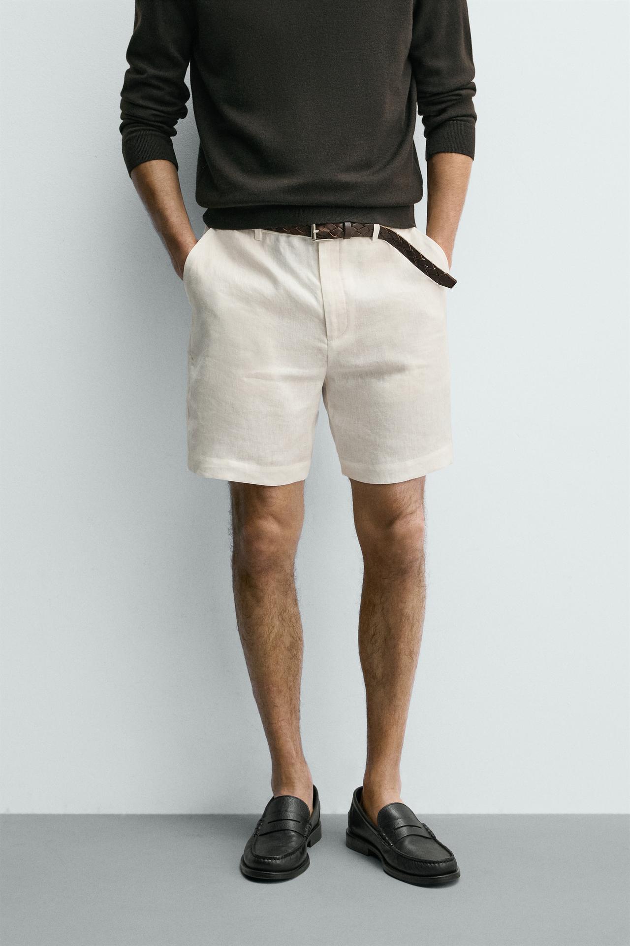 100% LINEN REGULAR FIT SHORTS — White