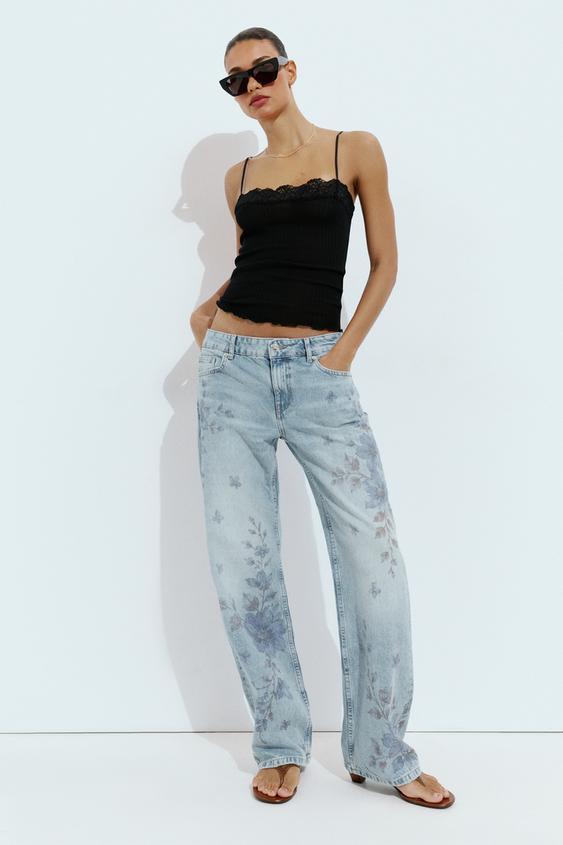 JEANS Z1975 STRAIGHT TIRO MEDIO LONG LENGTH ESTAMPADO FLORAL - Azul medio de Zara - Imagen 0