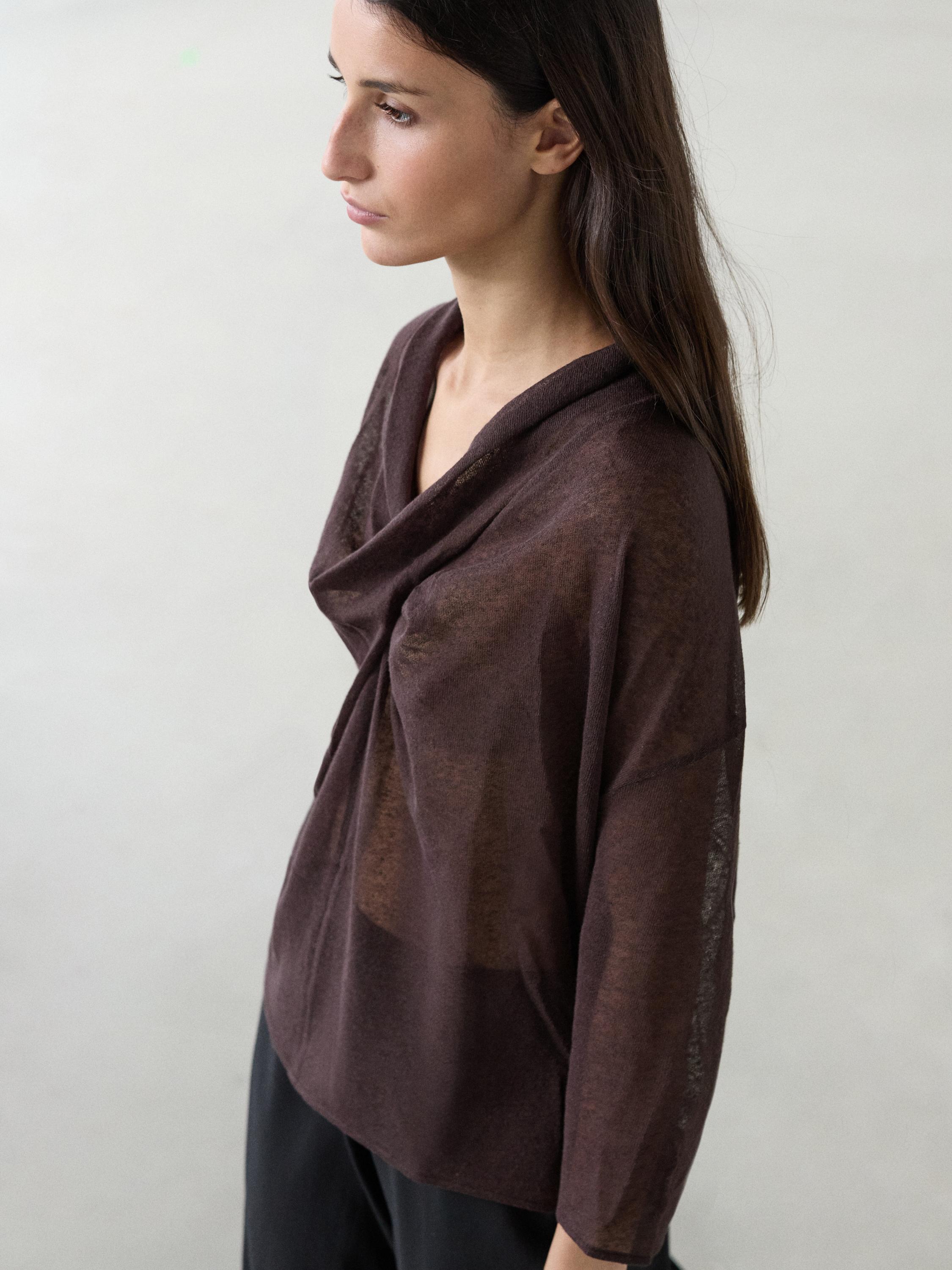 Linen blend shirt with cowl neckline
