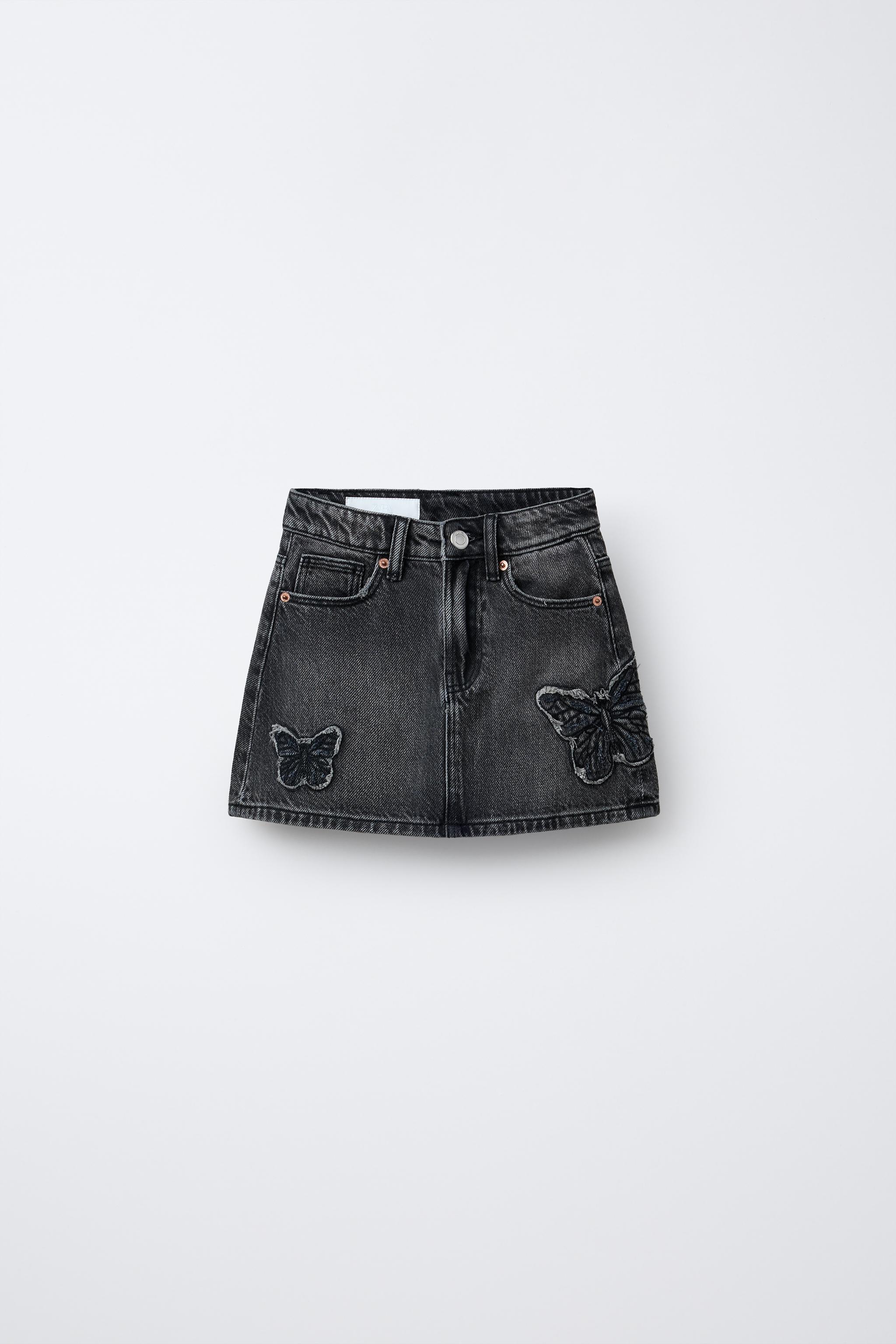 蝶々刺繍入りデニムスカート - グレー | ZARA Japan / 日本