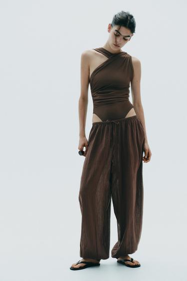 Zara 不對稱垂墜網紗連體衣 - 深棕色