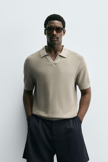 RIB KNIT POLO SHIRT - Beige / Green by Zara