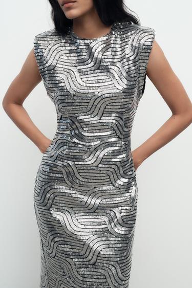 ROBE MI-LONGUE À PAILLETTES - Argent de Zara - Image 3