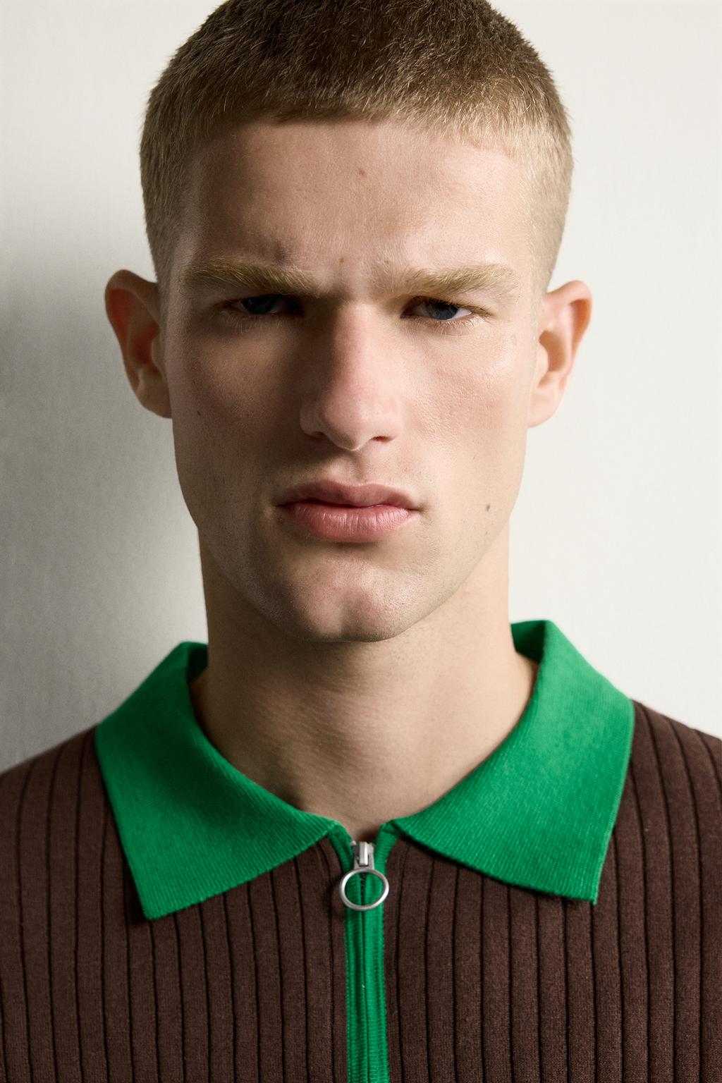 COLOUR BLOCK KNITTED ZIP-UP POLO SHIRT