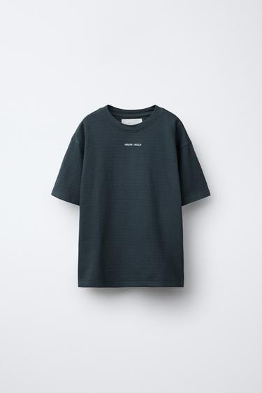 TEXTURED EMBROIDERED TEXT T-SHIRT - Anthracite grey by Zara - Image 0
