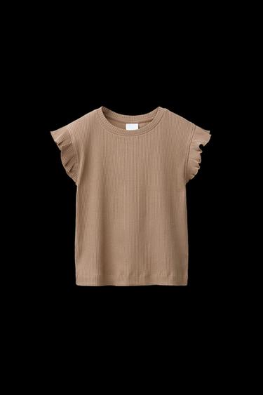 GERIPPTES T-SHIRT MIT VOLANTS - Dunkles Camel von Zara - Bild 0