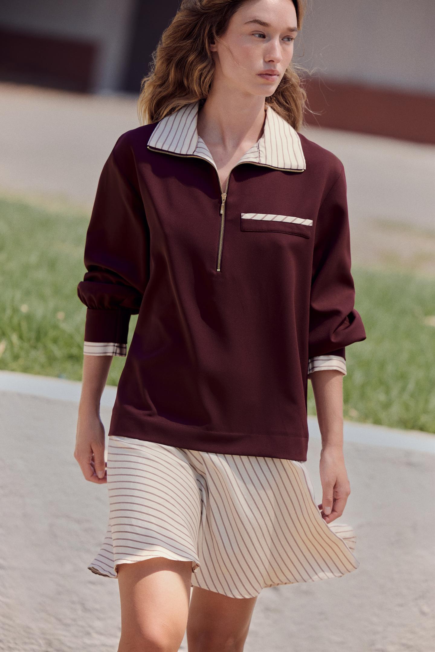 Женское платье Zara Mixed-Fabric Zip-Front Mini, цвет: Тёмно-бордовый — фото 4