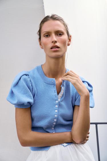 GILET EN MAILLE MANCHES COURTES BOUFFANTES - Bleu clair de Zara - Image 3