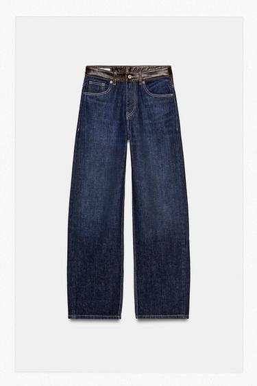 Zara TRF HIGH WAIST STRAIGHT WIDE LEATHER JEANS - Dark indigo