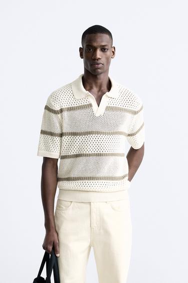 STRIPED KNIT POLO SHIRT - Ecru by Zara