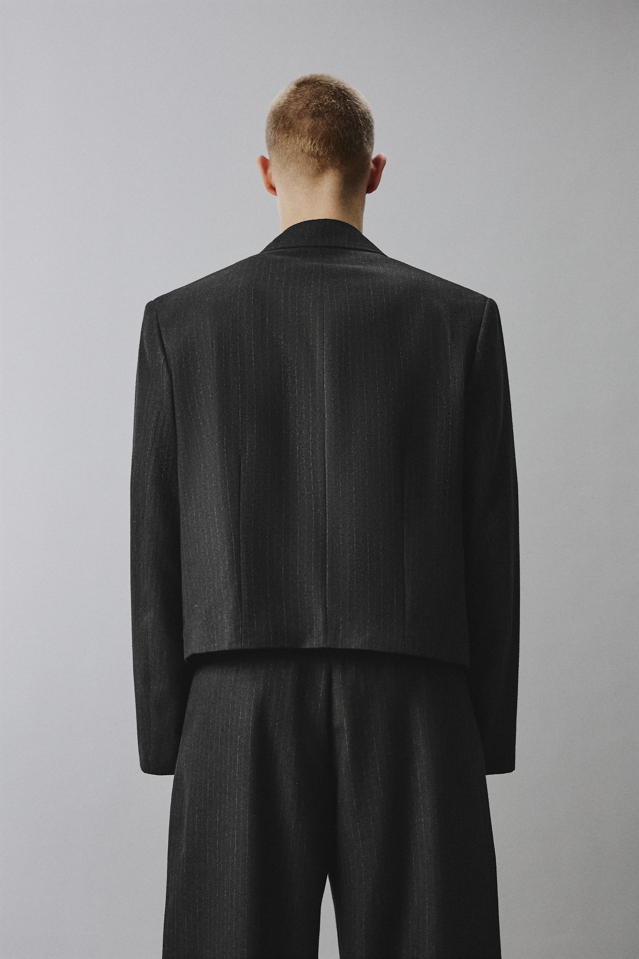 ZARA クロップドフィット スーツブレザー クロップドフィットピンストライプ柄スーツブレザー - ダークグレー