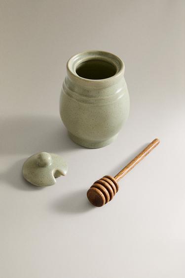STONEWARE HONEYPOT WITH SPOON - GREENISH by Zara - Image 1
