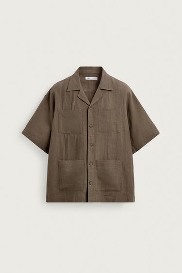 RELAXED FIT 100% LINEN SHIRT WITH POCKETS AND PLEATS - Brown / Taupe by Zara