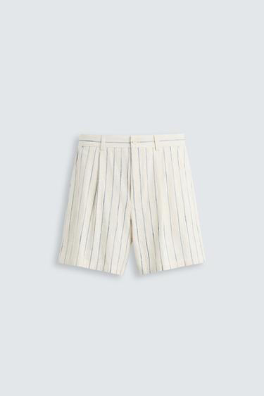 Zara TEXTURED STRIPED SHORTS - Ecru / Blue