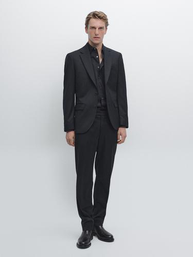 Pantalon de costume en flanelle de laine mélangée - Bleu marine de Zara - Image 0