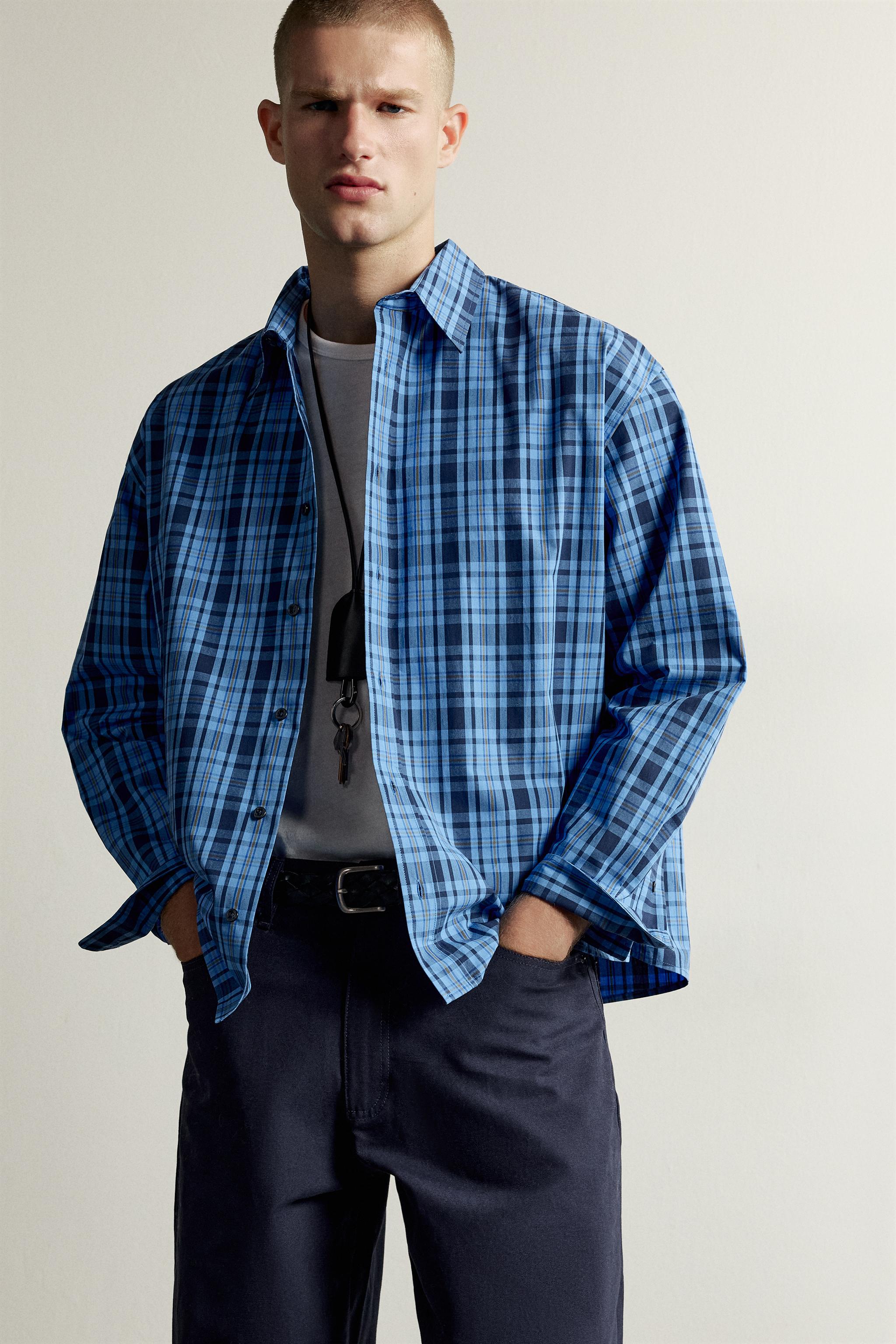 リラックスフィット チェック柄シャツ - 濃青 | ZARA Japan / 日本