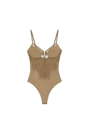 BODY IN POLIAMMIDE E PIZZO - Verde oliva di Zara