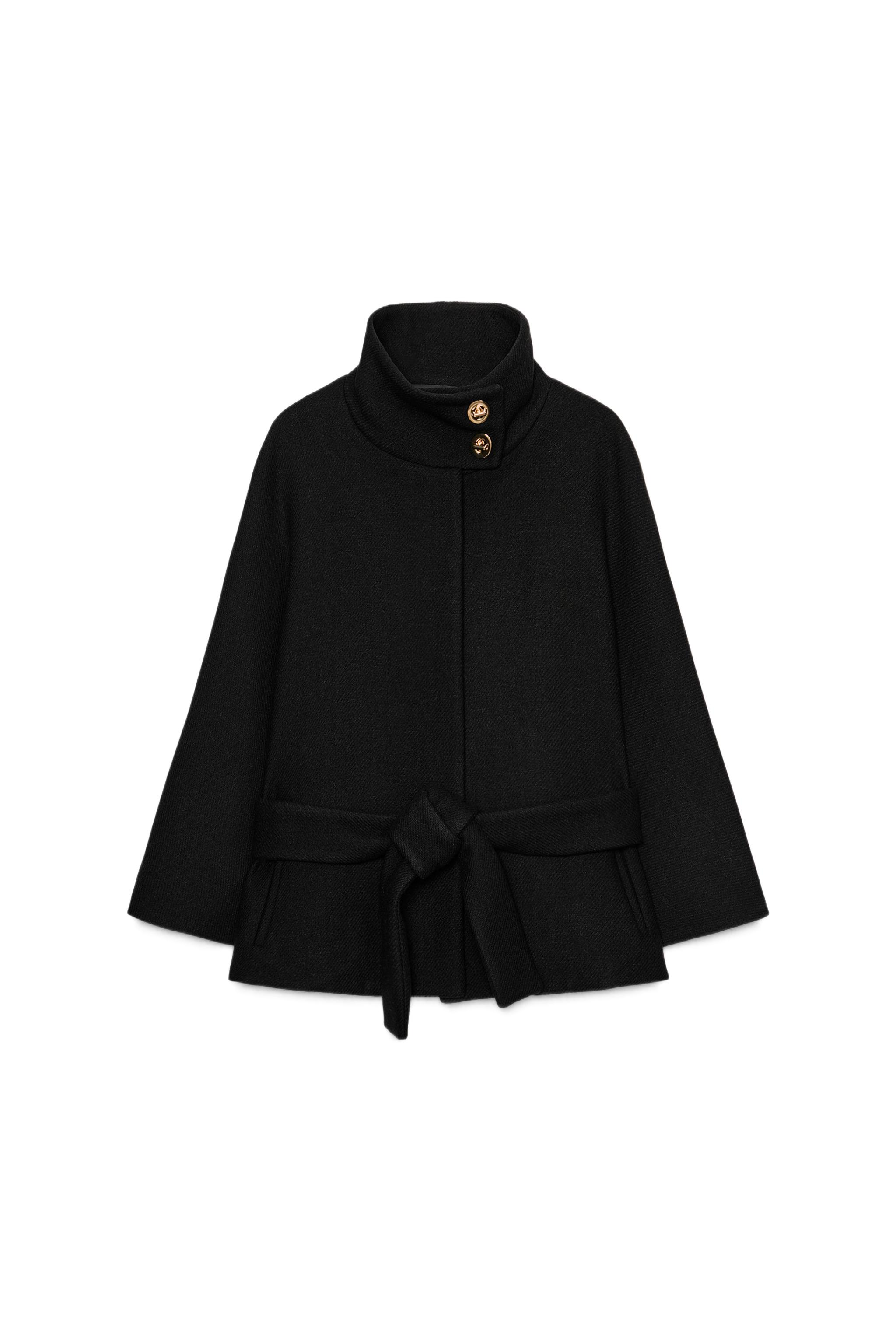 ZARA ブラック ケープ SHORT WOOL COAT WITH CAPE SLEEVES AND BELT - Black | ZARA Hungary