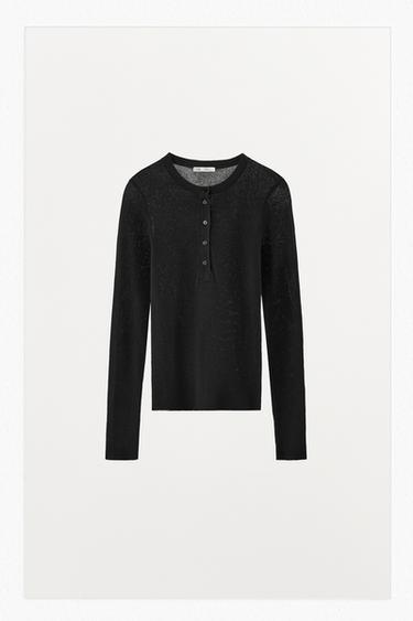 GEBREID T-SHIRT VAN KATOENMIX MET KNOPEN - Zwart van Zara