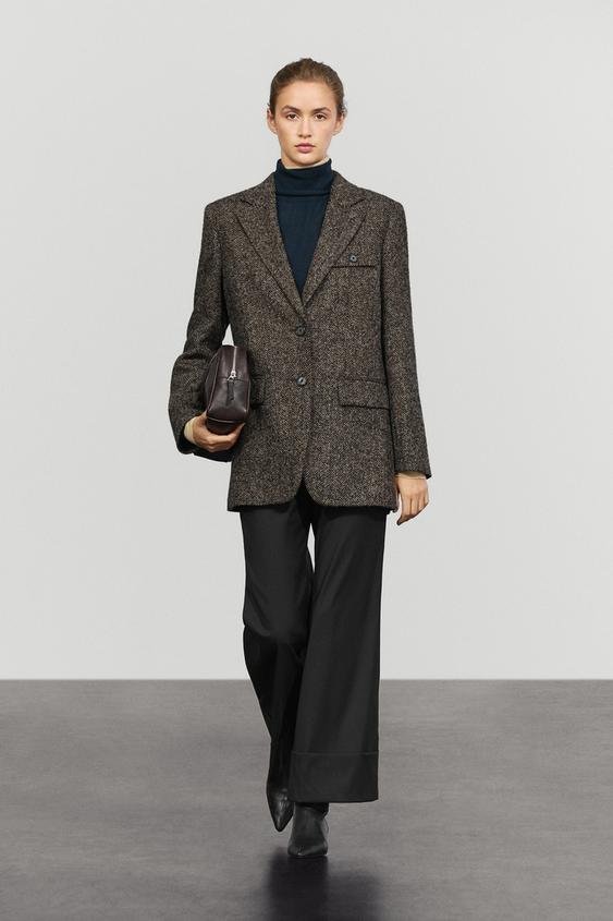 Zara Suede and wool herringbone blazer - Brown - Image 0