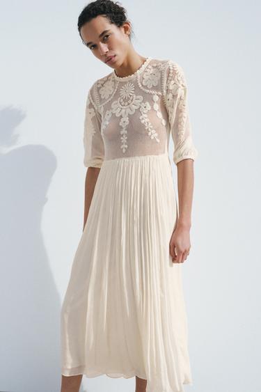 ZW COLLECTION שמלה משולבת עם רקמה - בז' של Zara