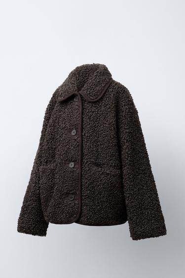 MANTEAU EFFET MOUTON À LISERÉS - Chocolat de Zara - Image 1