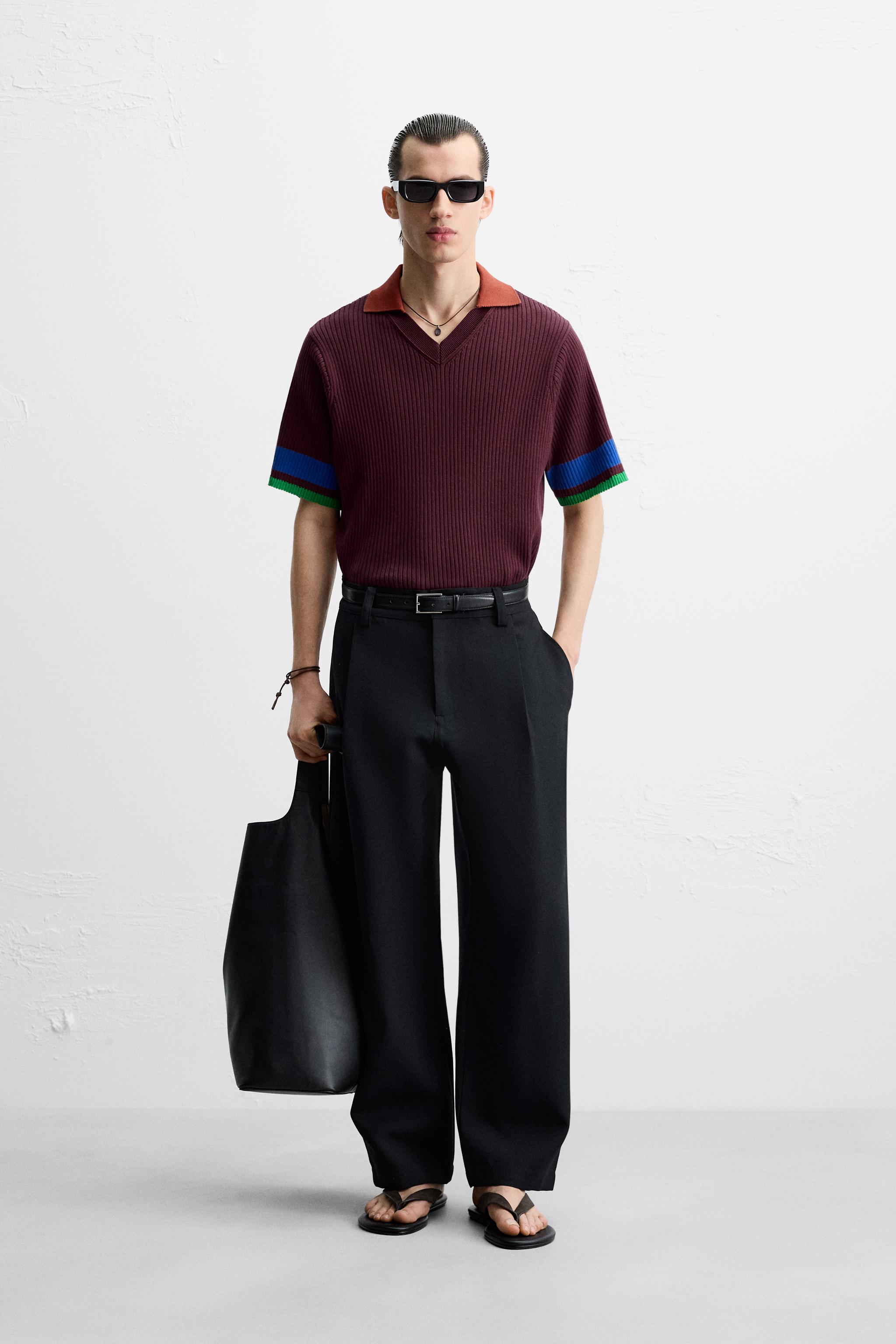 カラーブロックリブニットポロシャツ - バーガンディ | ZARA カラーブロックリブニットポロシャツ - バーガンディ | ZARA