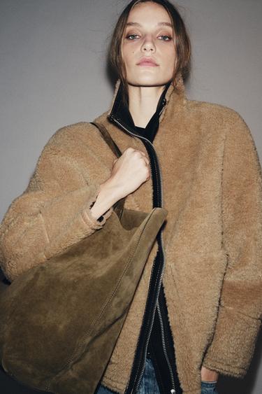 Zara MAXI SPLIT LEATHER SHOPPER BAG - Khaki Green