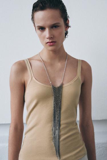 Zara RIBBED TANK TOP - Light beige