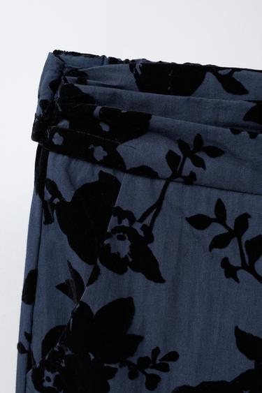 Zara FLOCKED FLORAL STRAIGHT LEG PANTS - Blue
