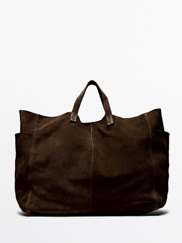 Bolso maxi shopper piel serraje - Marrón de Zara