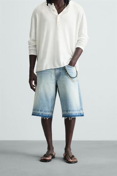 Zara BAGGY FIT DENIM SHORTS - Light blue