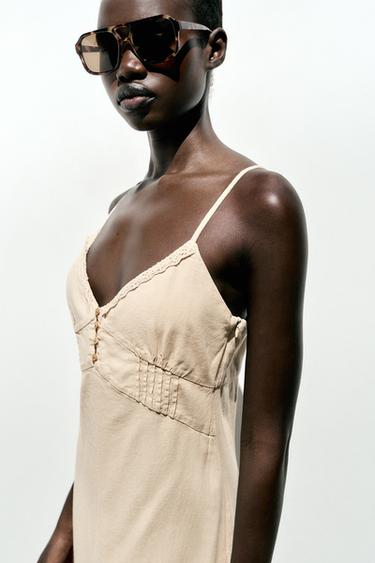 LINEN BLEND MIDI STRAPPY DRESS - Beige by Zara - Image 2