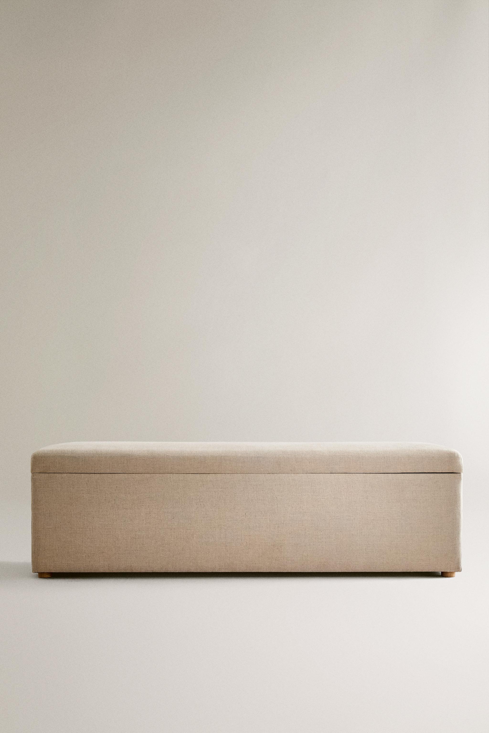 WOOD AND LINEN STORAGE BENCH — Light beige