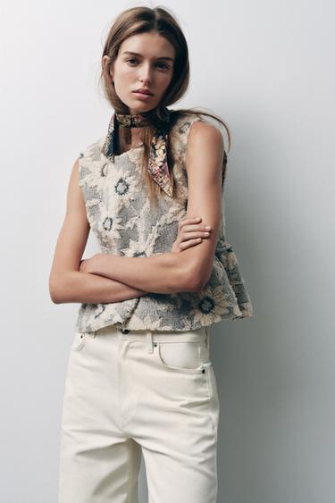 FLORAL TEXTURED KNIT PEPLUM TOP - Ecru / Black by Zara - Image 0
