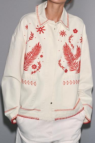 Zara ZW COLLECTION EMBROIDERED OVERSHIRT - Oyster-white