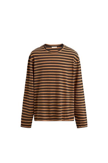 Zara STRIPED JACQUARD T-SHIRT - Brown