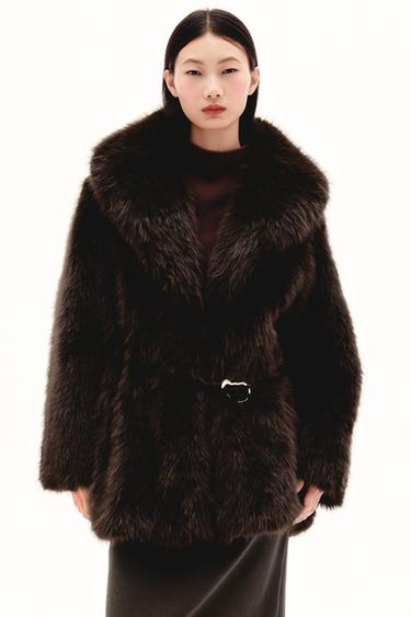 Zara 繫腰帶人造皮草大衣 - 棕色