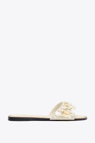 Zara FLAT SANDALS WITH PEARLESCENT PIECES - Off White